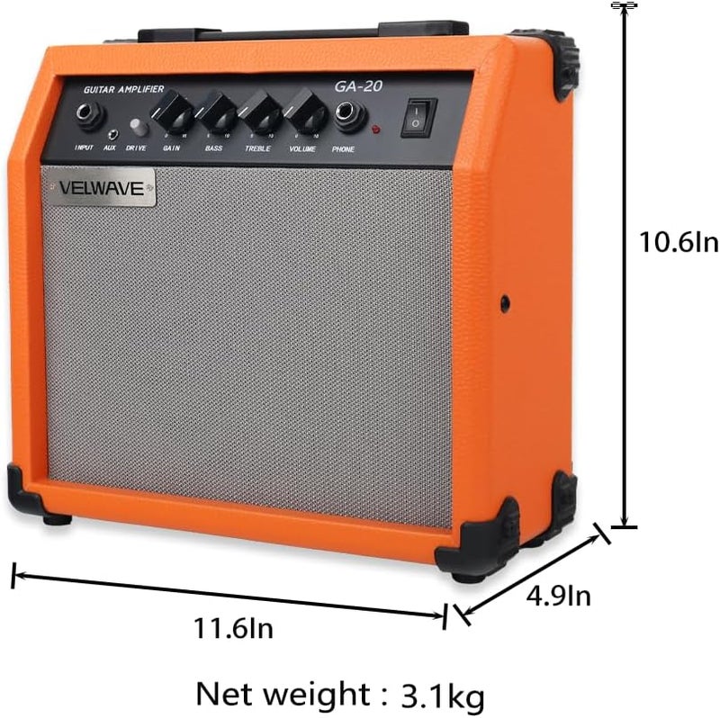 VELWAVE Electric Guitar Amplifier 20W Orange Portable Smart amp 6.5'' Speaker 6.5mm Input 3.5mm aux Drive gain bass Treble Volume and Headphone Jack Practice amp - Image 3